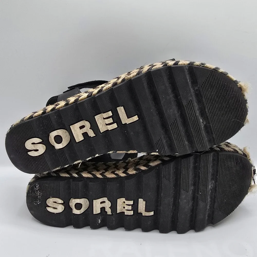 Sorel‎ Black Leather Espadrille Flatform Ankle Strap Platform Sandals 7.5